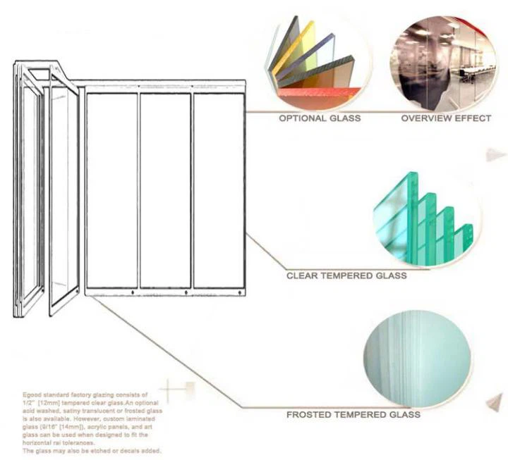 Movable glass partition wall stacking diagram with optional glass types including clear tempered, frosted, and tinted glass panels. Movable glass partition wall stacking diagram with optional glass types including clear tempered, frosted, and tinted glass panels.