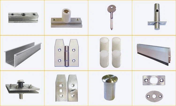 Complete set of hardware accessories for frameless glass partition, including aluminum track, roller, glass clamp, floor bolt, and door hinge. Complete set of hardware accessories for frameless glass partition, including aluminum track, roller, glass clamp, floor bolt, and door hinge.