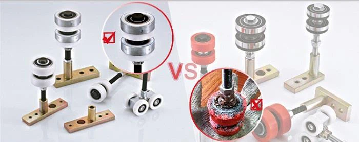 Comparison of Egood high-quality POM partition rollers vs inferior recycled plastic rollers. Egood rollers feature durable bearings and corrosion resistance, while cheap alternatives crack and rust.