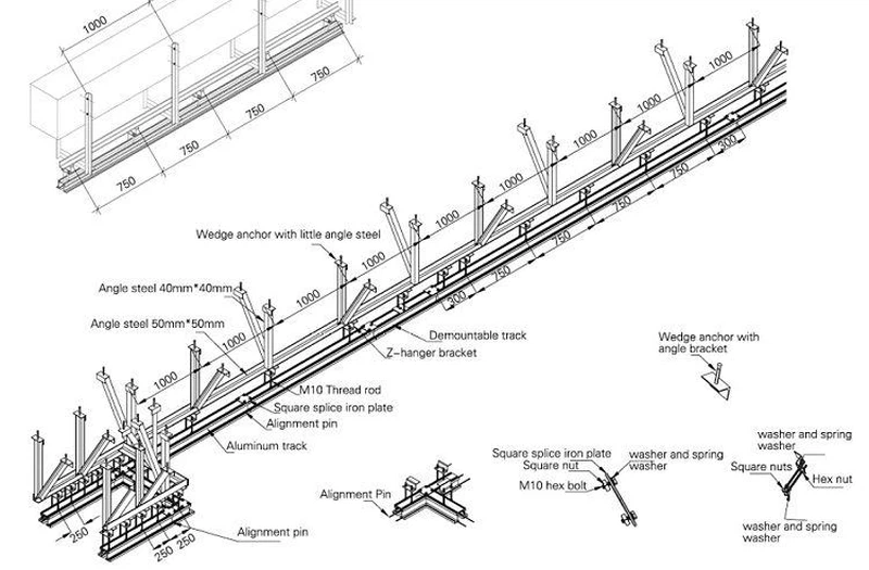 Egood Movable partition steel structure installation detail drawing showing aluminum track suspension with angle steel, threaded rod, and wedge anchor for heavy-duty banquet hall walls. Egood Movable partition steel structure installation detail drawing showing aluminum track suspension with angle steel, threaded rod, and wedge anchor for heavy-duty banquet hall walls.