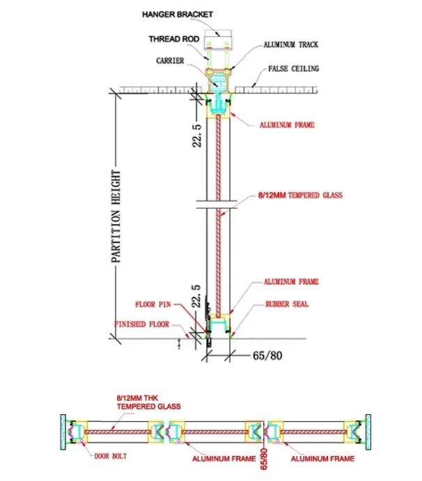 Sectional drawing of framed movable glass partition wall showing aluminum track system, carrier, and tempered glass installation details Sectional drawing of framed movable glass partition wall showing aluminum track system, carrier, and tempered glass installation details