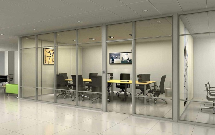 Modern conference room design featuring full-height glass walls for an open and bright workspace Modern conference room design featuring full-height glass walls for an open and bright workspace