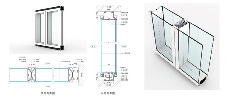 CAD section details and 3D rendering of double glazed aluminum partition system showing vertical and horizontal profiles. CAD section details and 3D rendering of double glazed aluminum partition system showing vertical and horizontal profiles.
