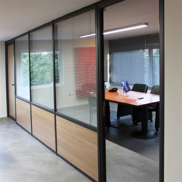 Ultra Clear Double Galss Office Partition Wall With Melamine Finish In The Bottom