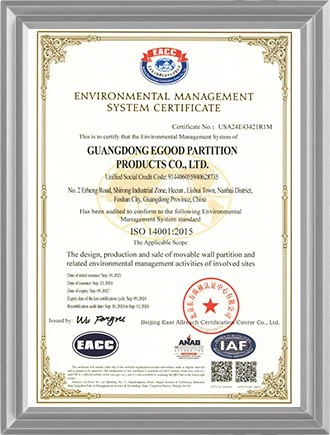 ISO 14001 Environmental Management System Certificate for partition manufacturing ISO 14001 Environmental Management System Certificate for partition manufacturing