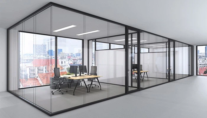 Full-View Glass Partition Walls with Black Aluminum Frames for Modern Offices Full-View Glass Partition Walls with Black Aluminum Frames for Modern Offices