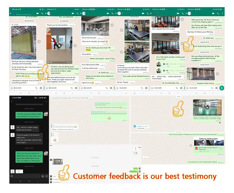 Compilation of positive customer reviews and WhatsApp feedback for Egood movable partitions, showing successful installation photos and 5-star satisfaction from global clients Compilation of positive customer reviews and WhatsApp feedback for Egood movable partitions, showing successful installation photos and 5-star satisfaction from global clients