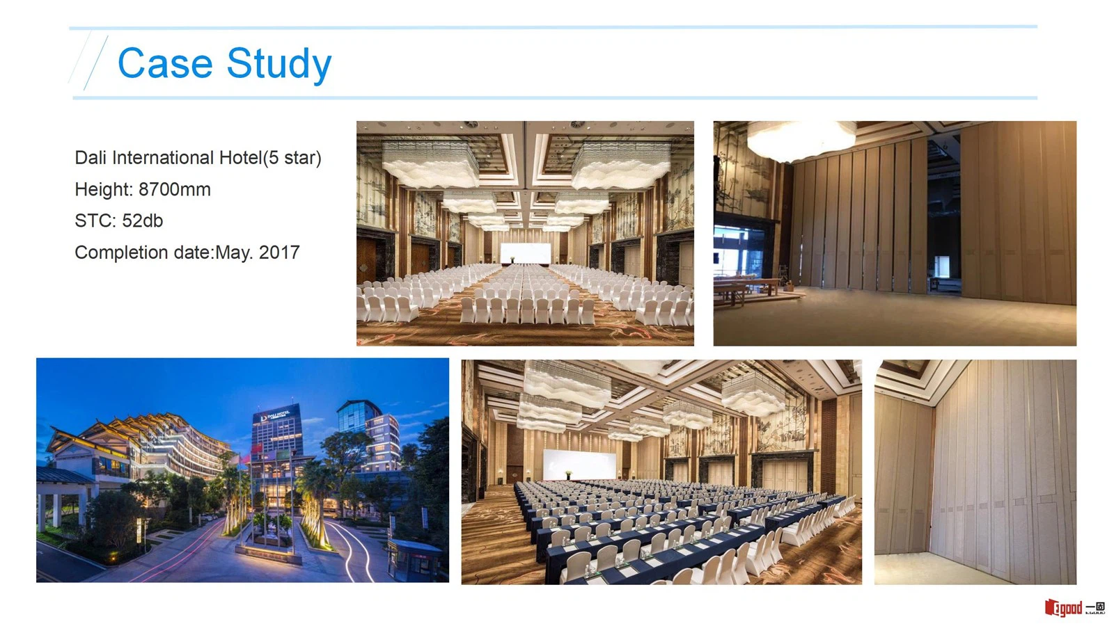 Egood Movable Partition Project: Dali International Hotel Banquet Hall (Height 8700mm, STC 52dB) Egood Movable Partition Project: Dali International Hotel Banquet Hall (Height 8700mm, STC 52dB)