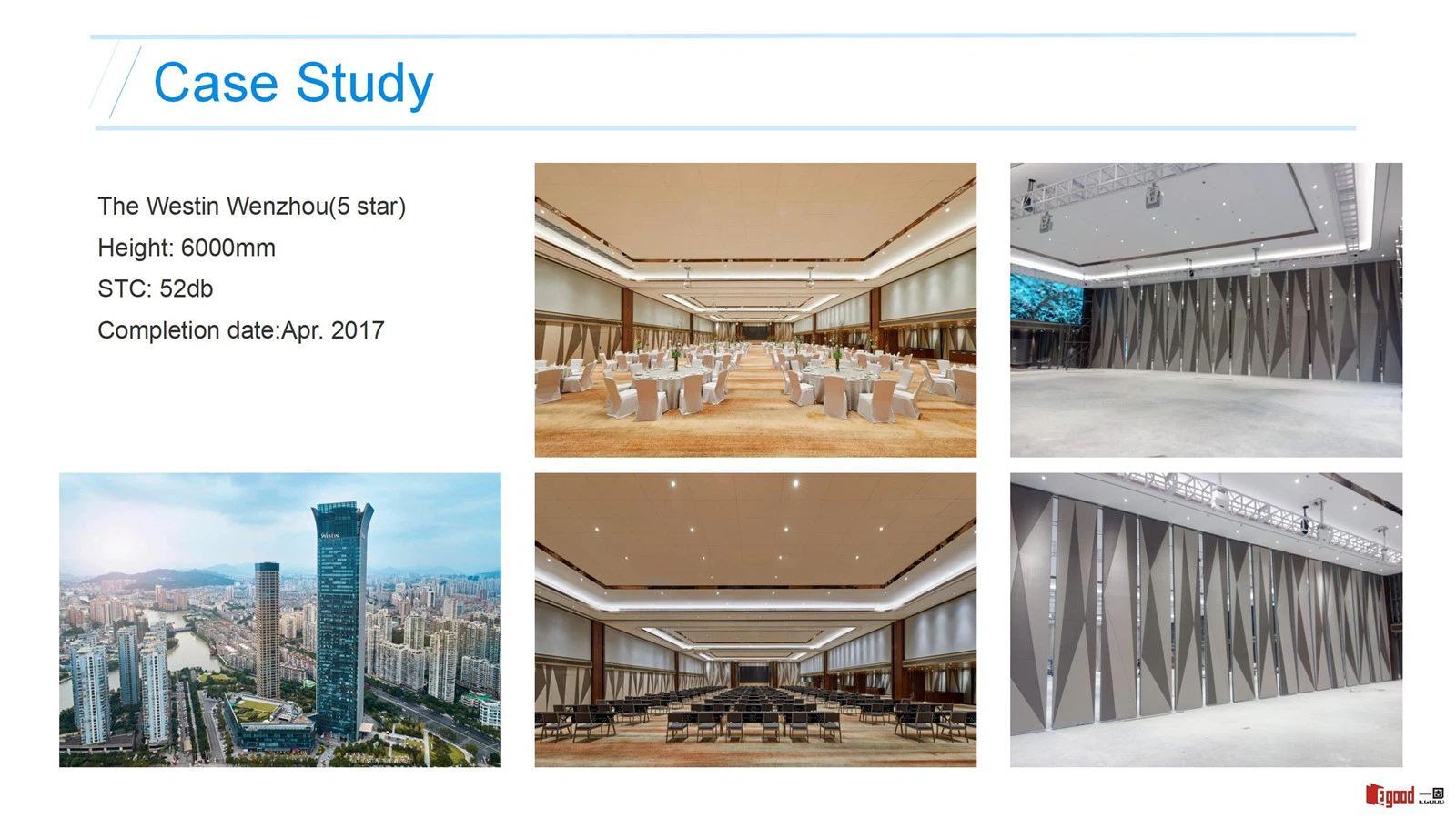 Egood Movable Partition Project: The Westin Wenzhou 5-star Hotel Ballroom (Height 6000mm, STC 52dB) Egood Movable Partition Project: The Westin Wenzhou 5-star Hotel Ballroom (Height 6000mm, STC 52dB)